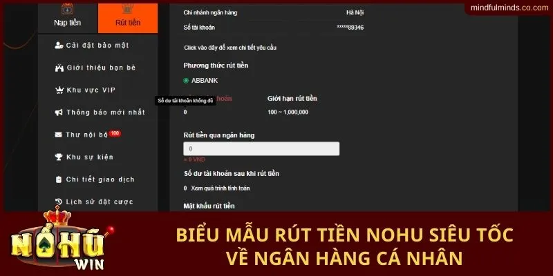 Biểu mẫu rút tiền Nohu siêu tốc về ngân hàng cá nhân